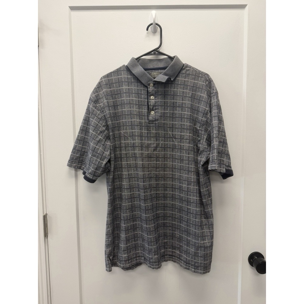 Haggar Men Collared Golf Polo Shirt Short Sleeve XL Navy Blue/ Gray Plaid